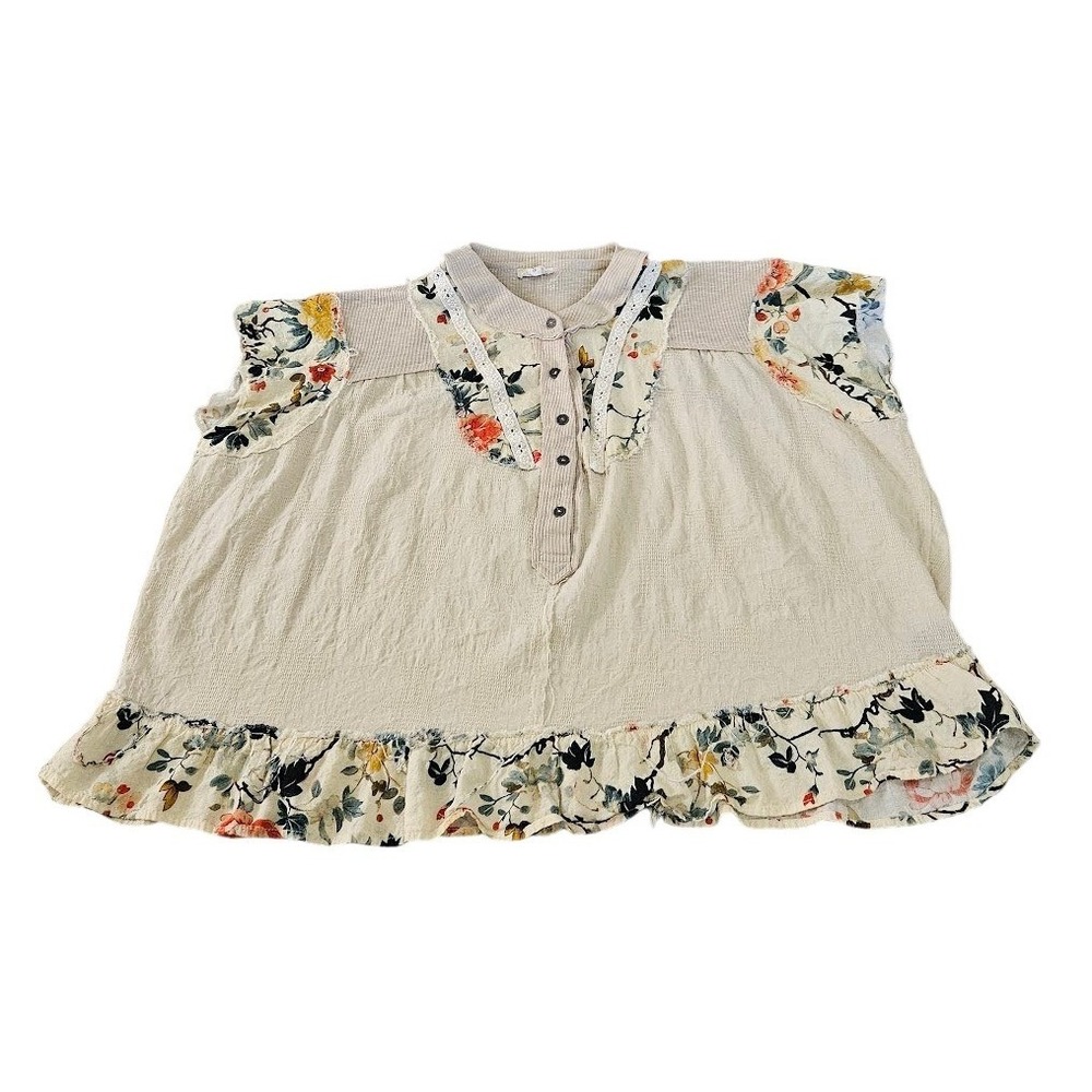 POL Mixed Media Floral Ruffle Henley Top Cream Boho Textured Small